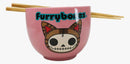 Furrybones Maneki Neko Cat Skeleton Pink Porcelain Bowl With Chopsticks Set