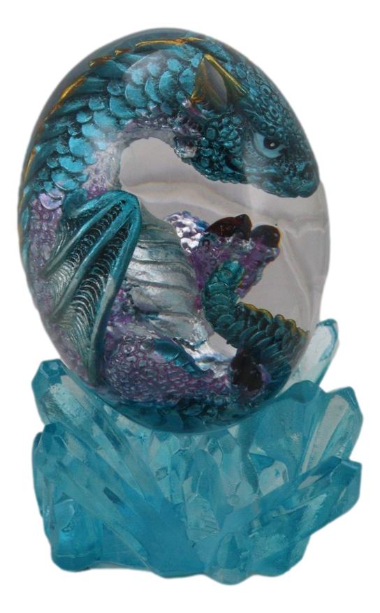 Blue Fossil Dragon Hatchling Sleeping in Faux Crystal Acrylic Glass Egg Figurine