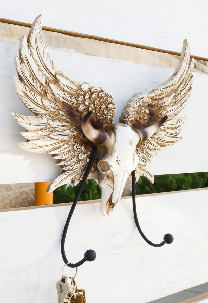 Rustic Western Cow Skull With Horns And Angel Wings Wall Double Hooks Sculpture