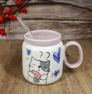 Whimsical Cat Holding Taiyaki Fish 16oz Ceramic Mug Cup With Lid And Glass Straw