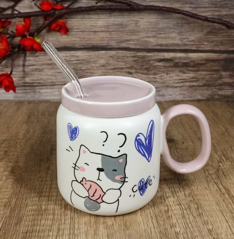 Whimsical Cat Holding Taiyaki Fish 16oz Ceramic Mug Cup With Lid And Glass Straw