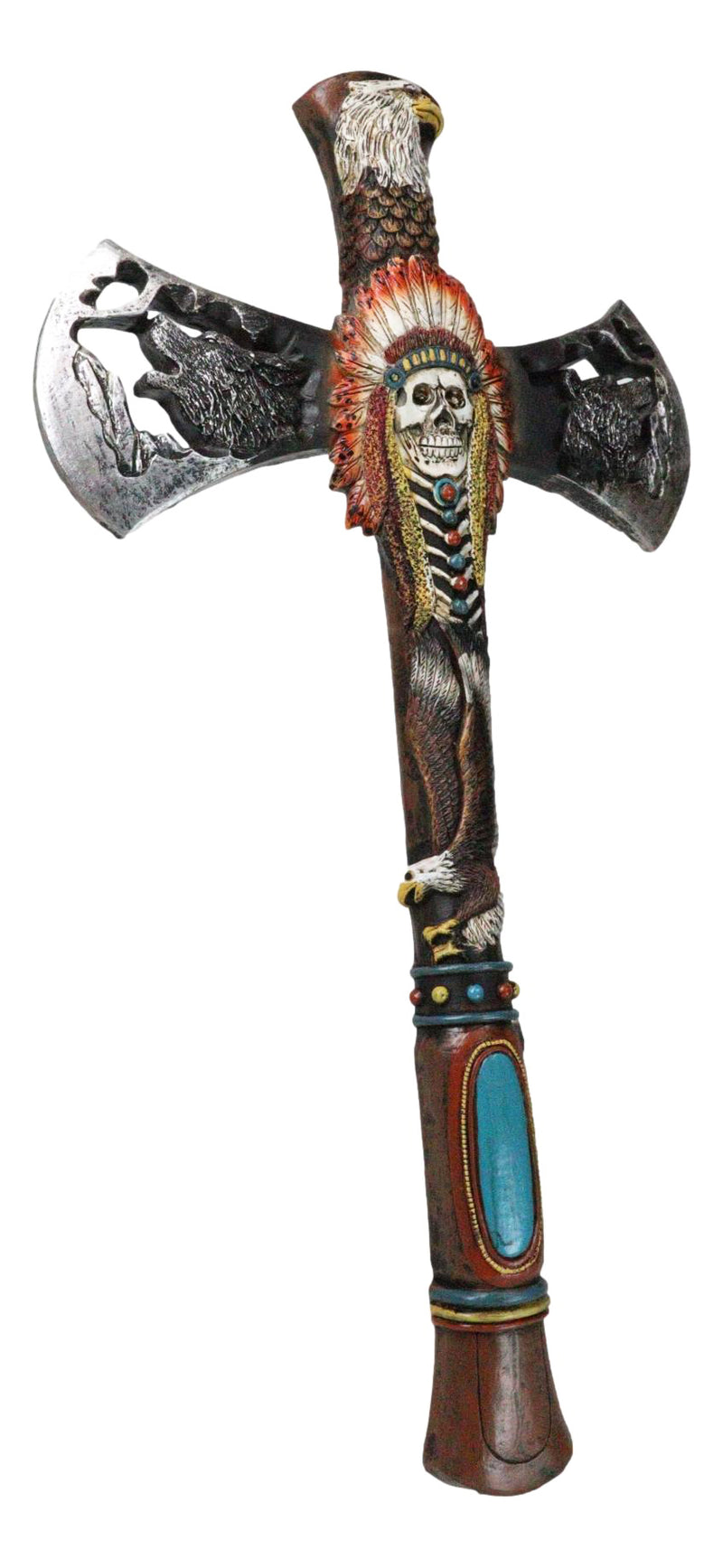 Southwestern Tribal Indian Headdress Chief Skull Eagle Wolf Hand Axe Wall Cross