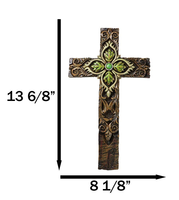 Rustic Faux Wooden Fleur De Lis Scrollwork With Green Leaf Foliage Wall Cross