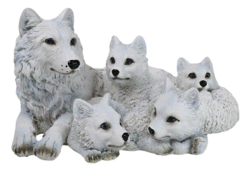 Winter Snow White Albino Wolf Mother at Repose with 4 Cubs Family Figurine