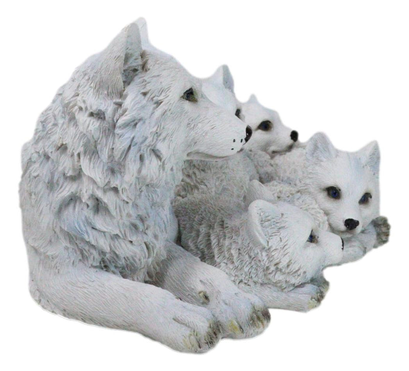 Winter Snow White Albino Wolf Mother at Repose with 4 Cubs Family Figurine