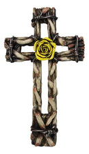 Rustic Western Yellow Rose with Distressed Faux Wood and Barbed Wires Wall Cross