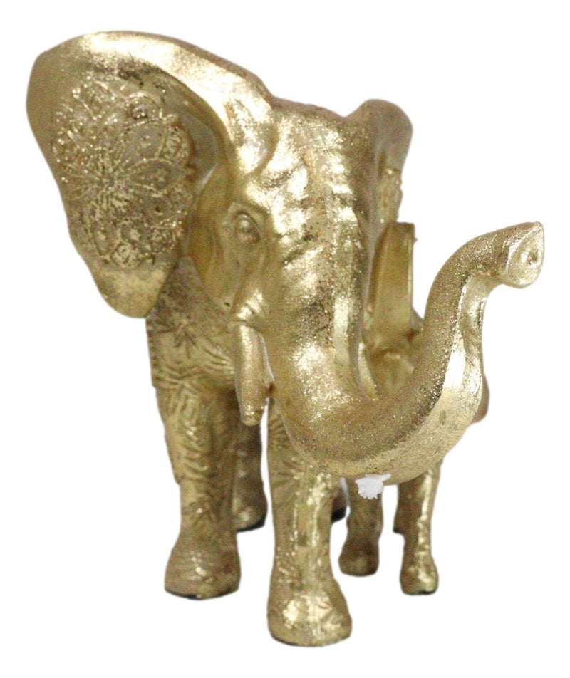 Royal Gold Mandala Ornate Design Elephant and Calf with Trunks Up Figurine