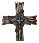 Rustic Western Faux Wood Floral Tooled Leather With Turquoise Rock Wall Cross