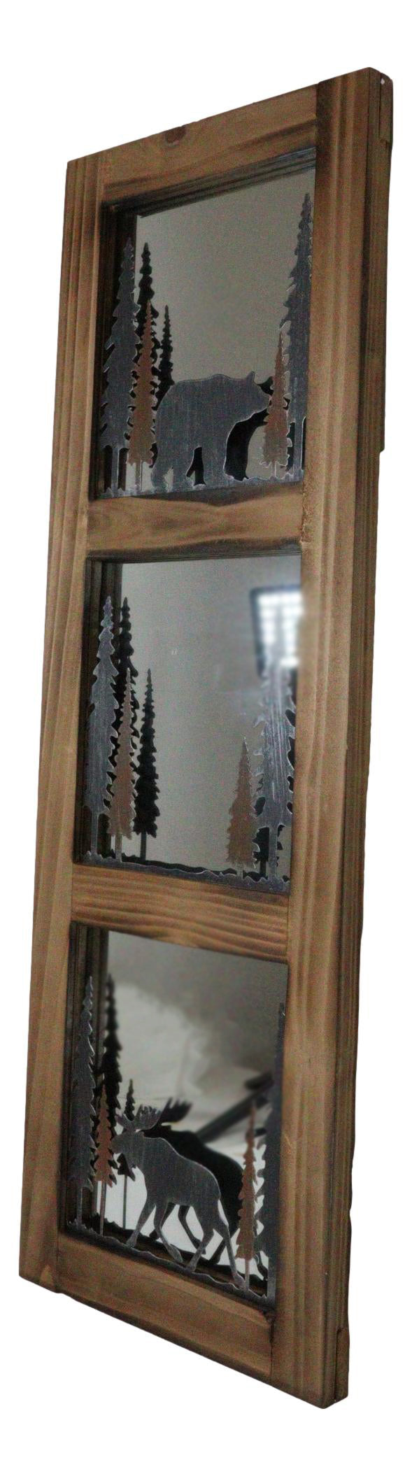 Large 30"H Western Rustic Bear And Moose In Pine Trees Forest Wooden Wall Mirror