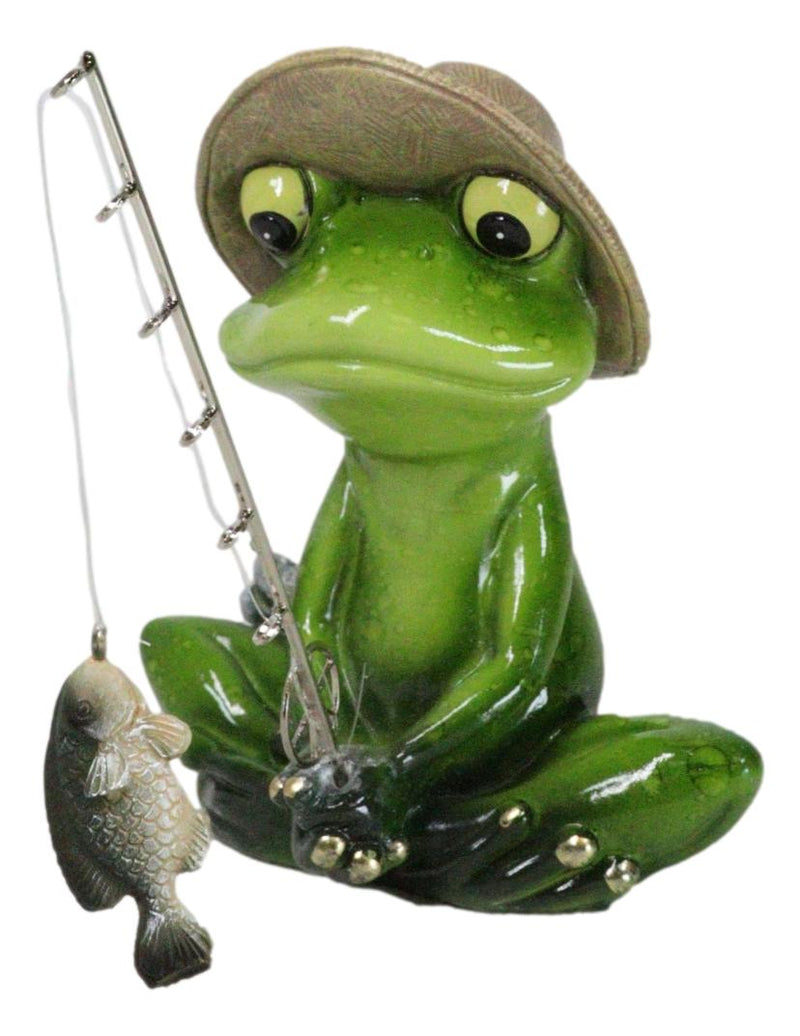 Catch of The Day Green Frog Rod Fishing And Wearing Fisherman Hat Figurine