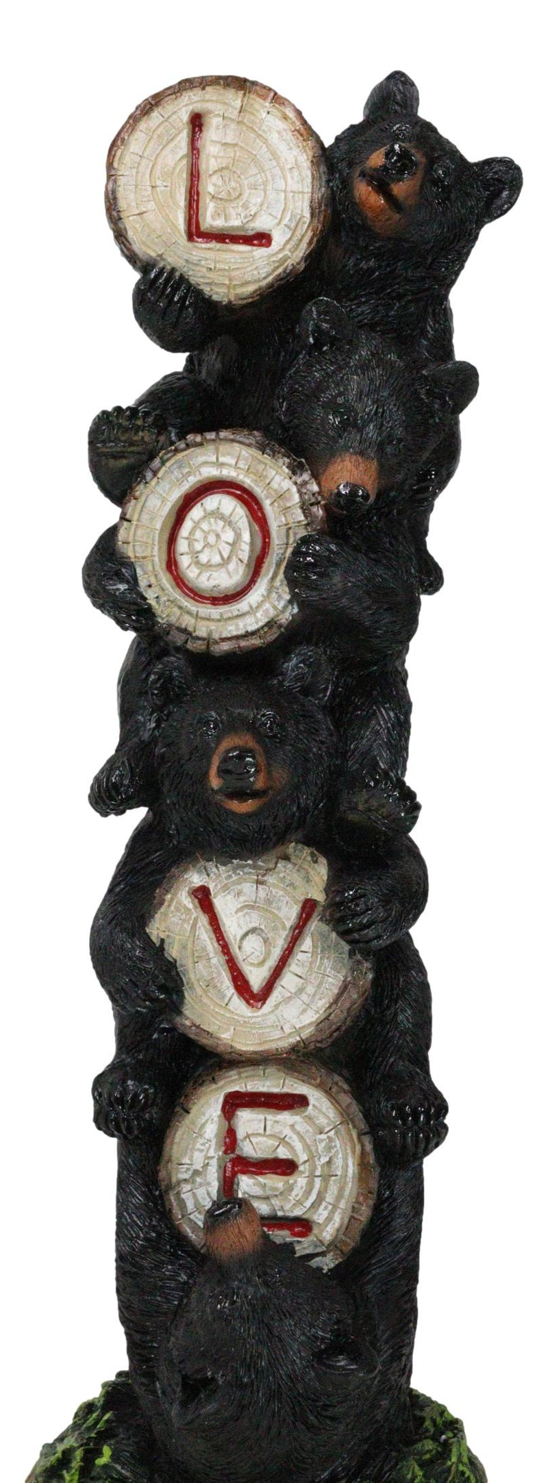 Rustic Forest Stacked Black Bear Cubs Holding Love Wood Slices Sign Figurine