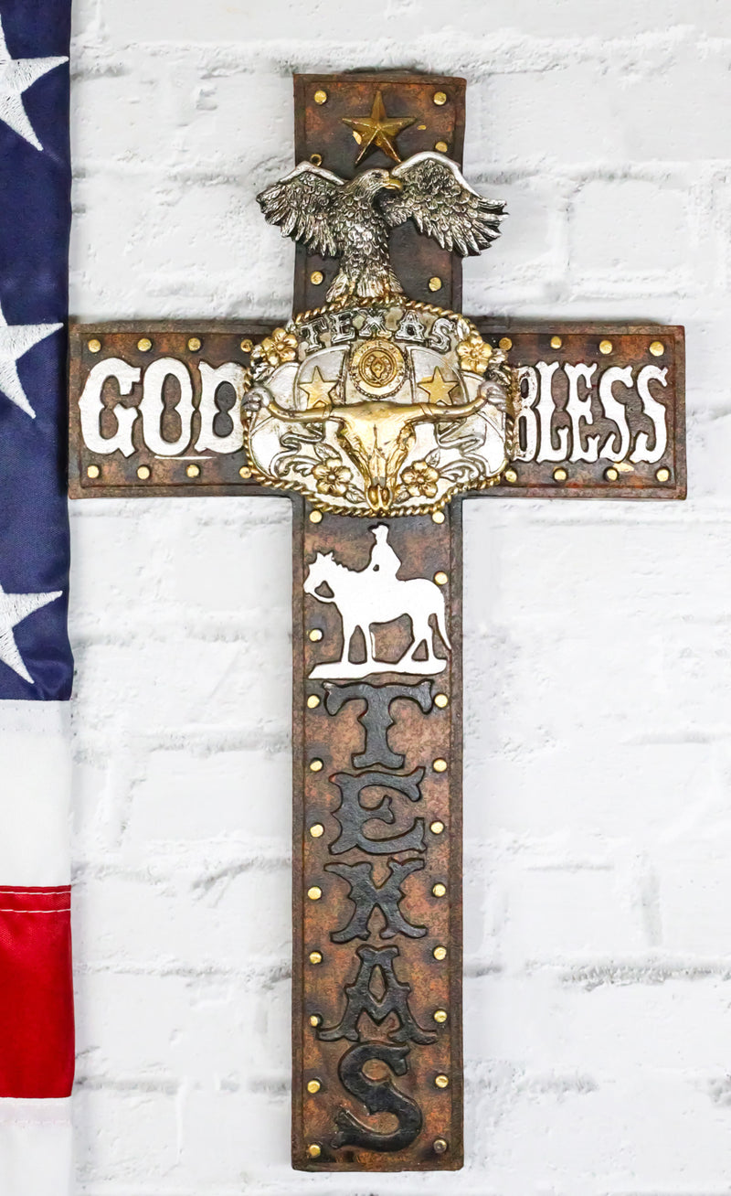 Western God Bless Texas Longhorn Cow Concho Eagle Cowboy On Horse Wall Cross