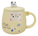 Yellow Calico Cat Love Fish Coffee Mug Cup With Spoon And Kitten Knob Lid 15oz