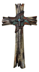 Rustic Western Faux Wood Floral Tooled Leather With Turquoise Rock Wall Cross