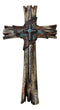 Rustic Western Faux Wood Floral Tooled Leather With Turquoise Rock Wall Cross