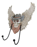 Rustic Western Cow Skull With Horns And Angel Wings Wall Double Hooks Sculpture