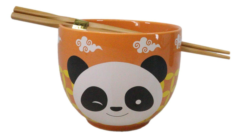 Orange Lucky Panda Bear Ceramic Donburi Ramen Soup Bowl With Chopsticks Set