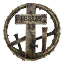 Jesus Cross With Nails And Crown Of Thorns Faux Wood Finish Wall Circle Plaque