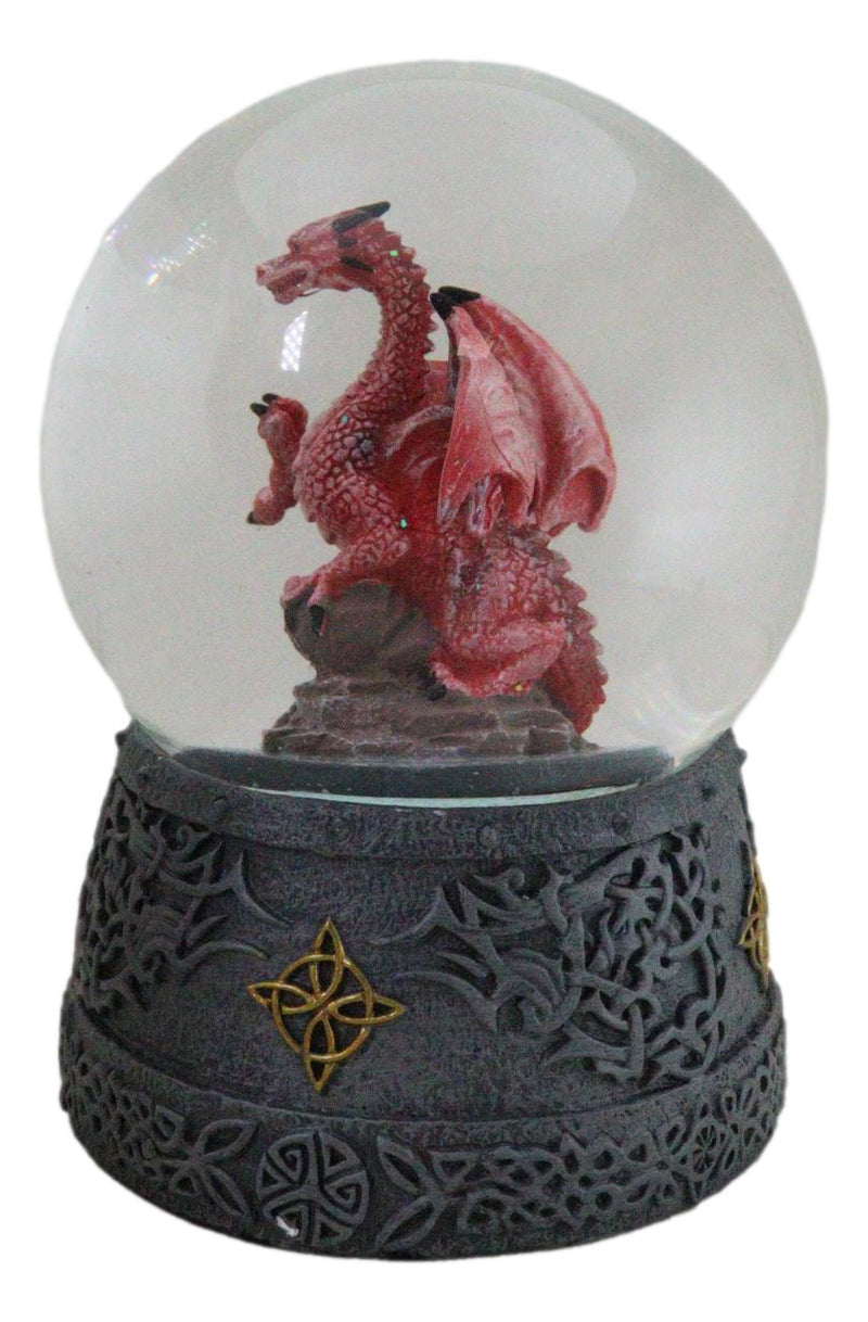 Fantasy Celtic Quadrilateral Knotwork Red Volcano Dragon Water Globe Figurine