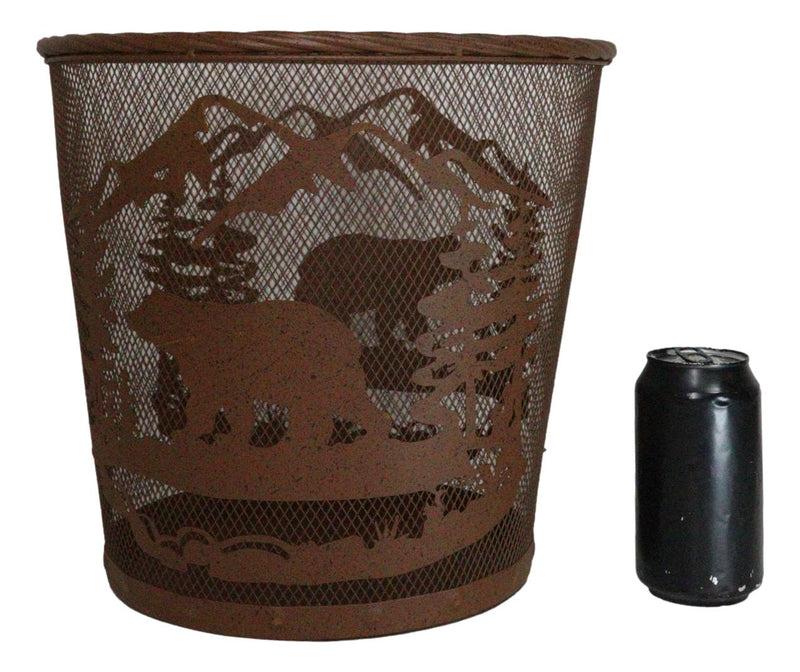 Rustic Black Bear By Pine Forest Mountains Metal Wire Waste Basket Trash Bin