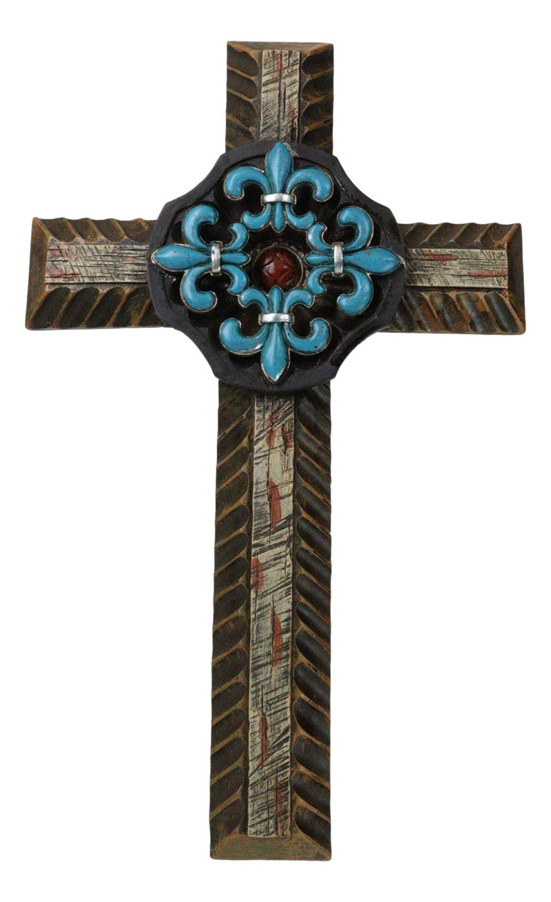 Southwestern Turquoise Fleur De Lis French Lily Faux Wooden Wall Cross Plaque