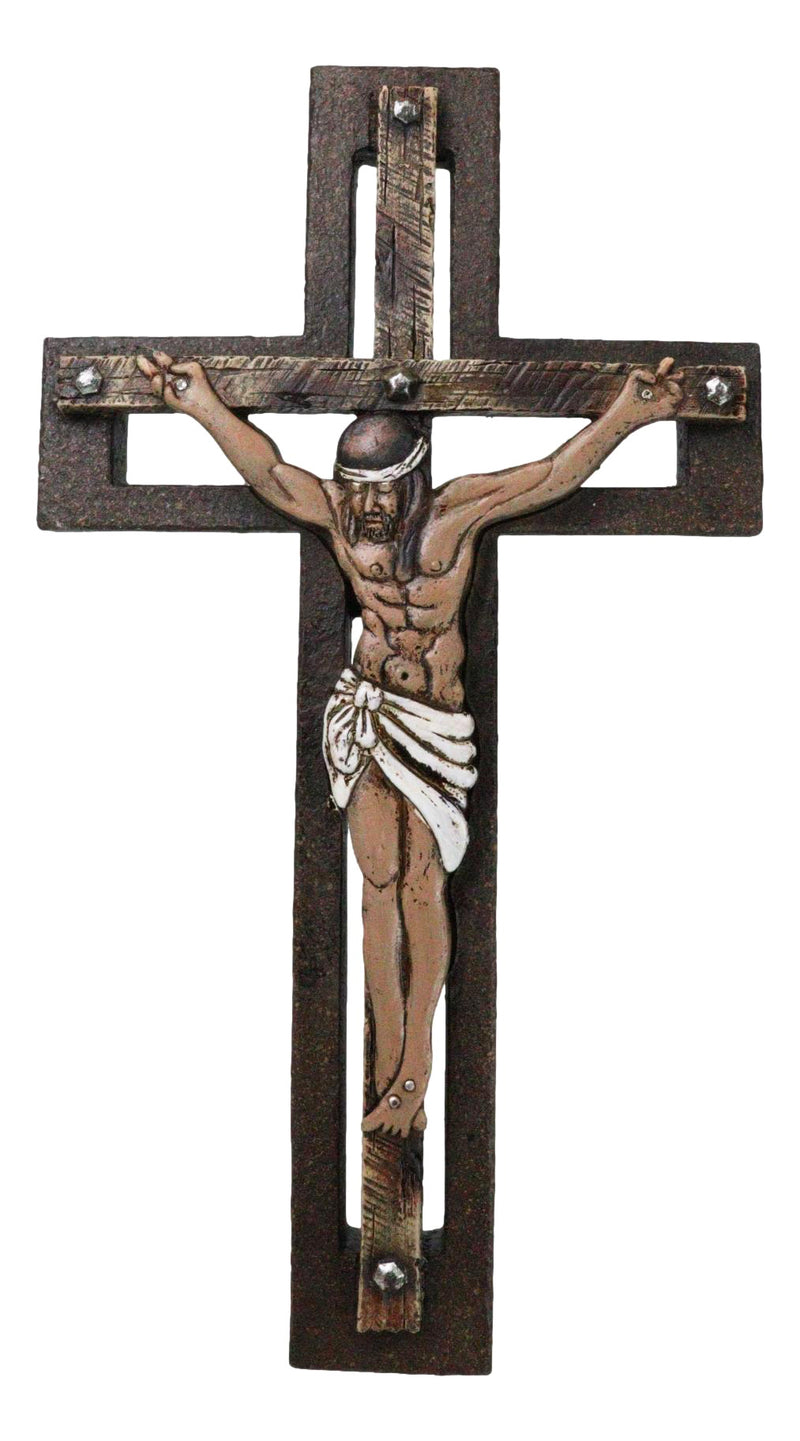 Jesus Christ Crucified Faux Wooden Rustic Bronze Layered Christian Wall Cross