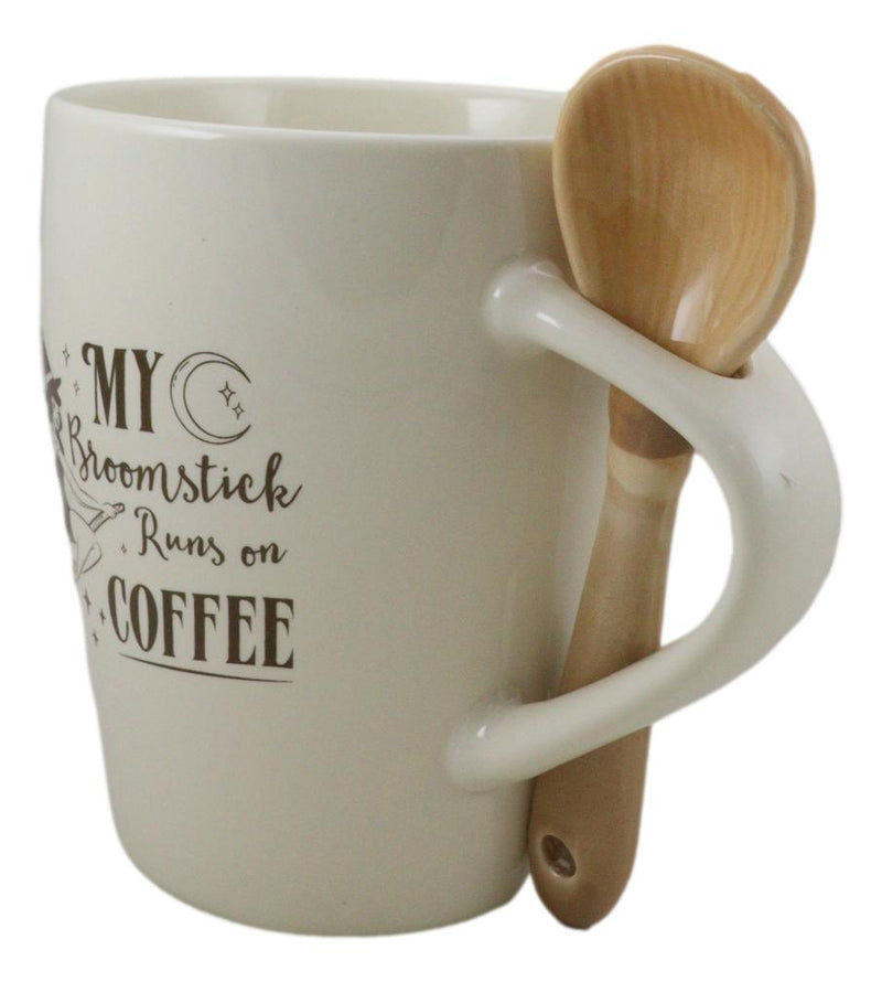 Wiccan Witch Sacred Moon My Broomstick Runs On Coffee Ceramic Mug And Spoon Set