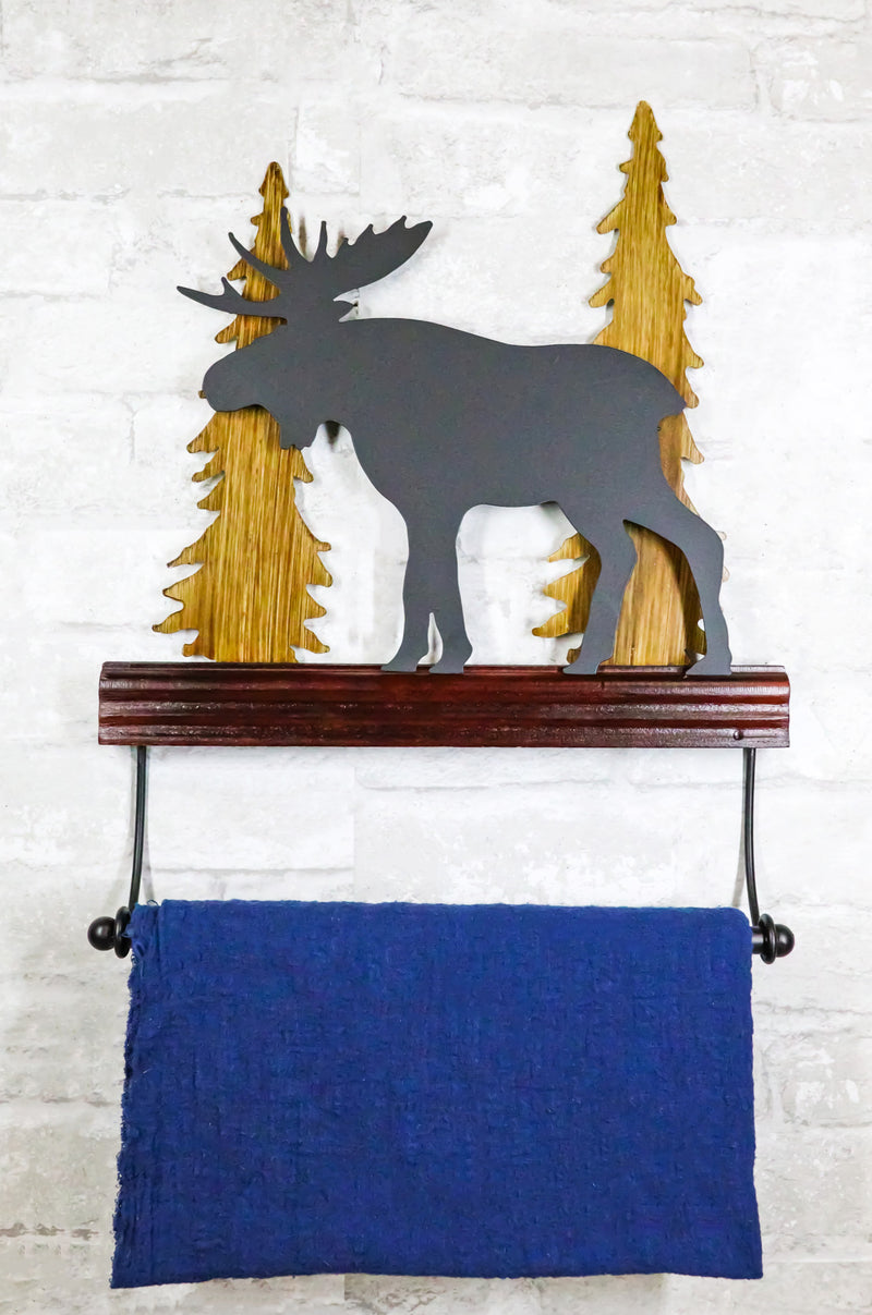 Rustic Western Elk Moose Deer by Pine Forest Wooden Wall Hand Towel Holder Bar