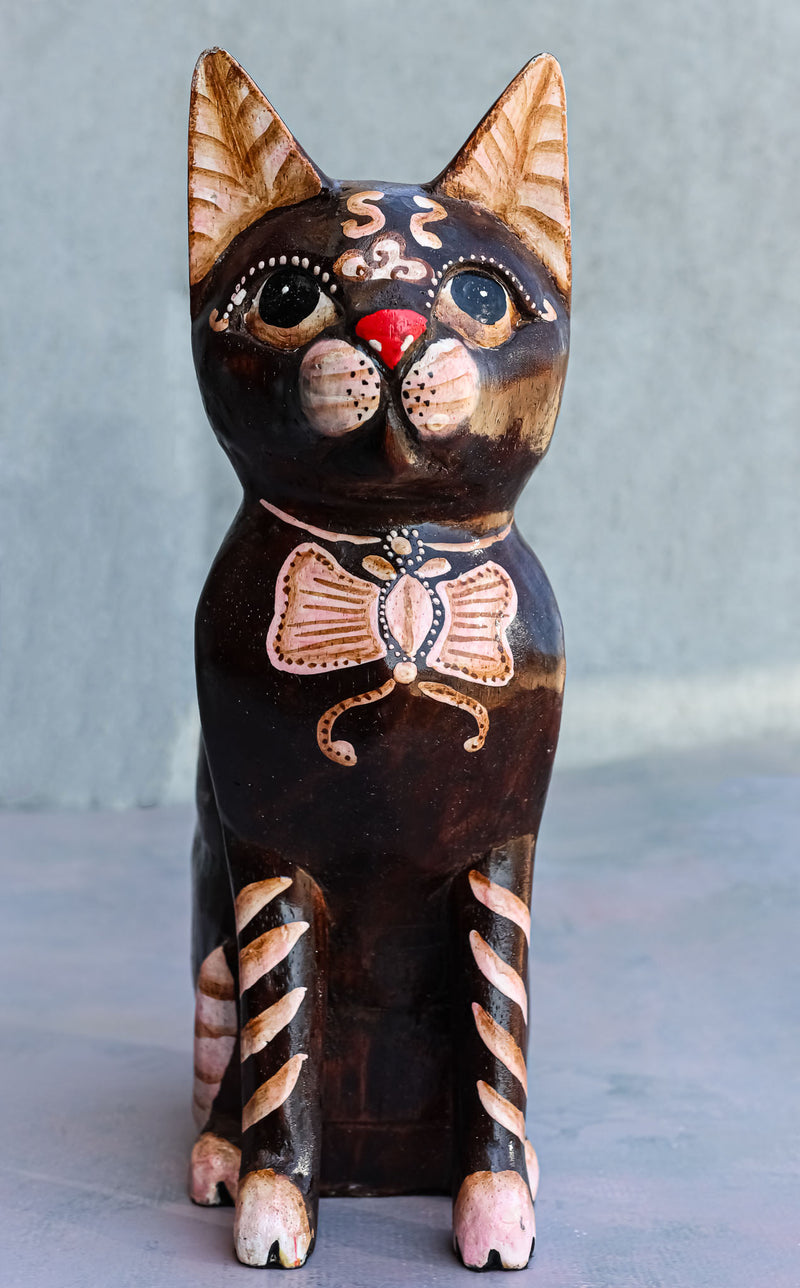 Balinese Wood Handicrafts Adorable Feline Cat With Butterfly Bow Tie Figurine