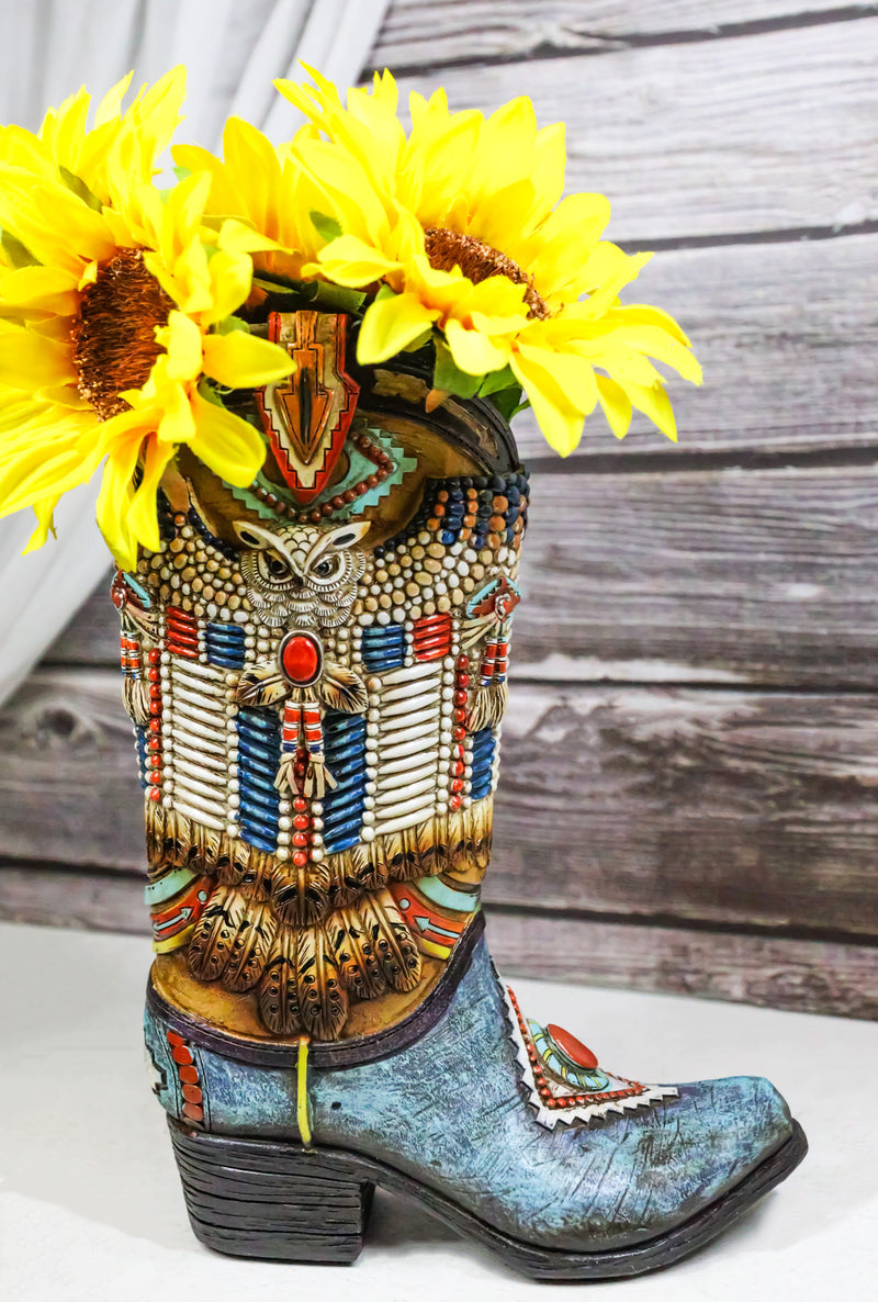 Southwestern Indian Beaded Turquoise Mystic Owl Faux Leather Cowboy Boot Vase