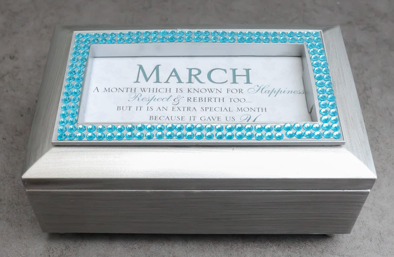 March Aquamarine Happiness Respect Birthstones Silver Tone Musical Trinket Box