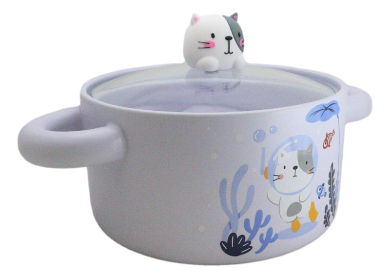 Ceramic Lilac Calico Cat Sea Diver 30oz Noodle Dessert Food Bowl W/ Glass Lid