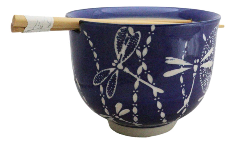 Auspicious Blue Tombo Dragonfly Ceramic Donburi Ramen Bowl With Chopsticks Set