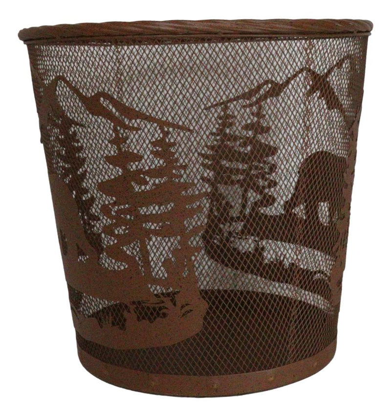 Rustic Black Bear By Pine Forest Mountains Metal Wire Waste Basket Trash Bin