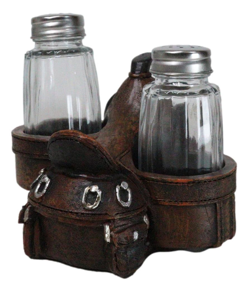 Country Western Faux Leather Cowboy Horse Saddle Salt Pepper Shakers Holder