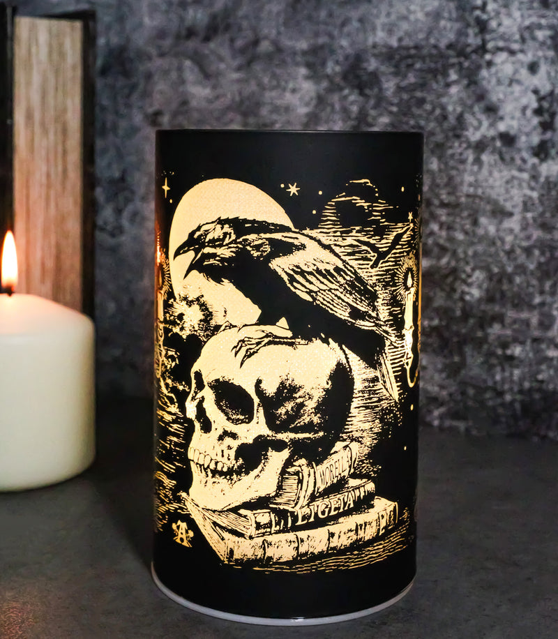 Gothic Poe's Raven On Skull And Books Of Bibliography LED Etched Glass Lantern