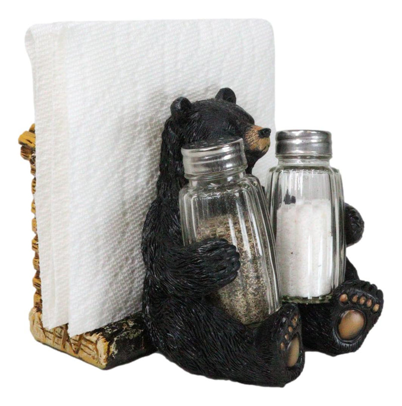 Forest Black Bear By Wooden Lodge Napkin And Glass Salt Pepper Shakers Holder