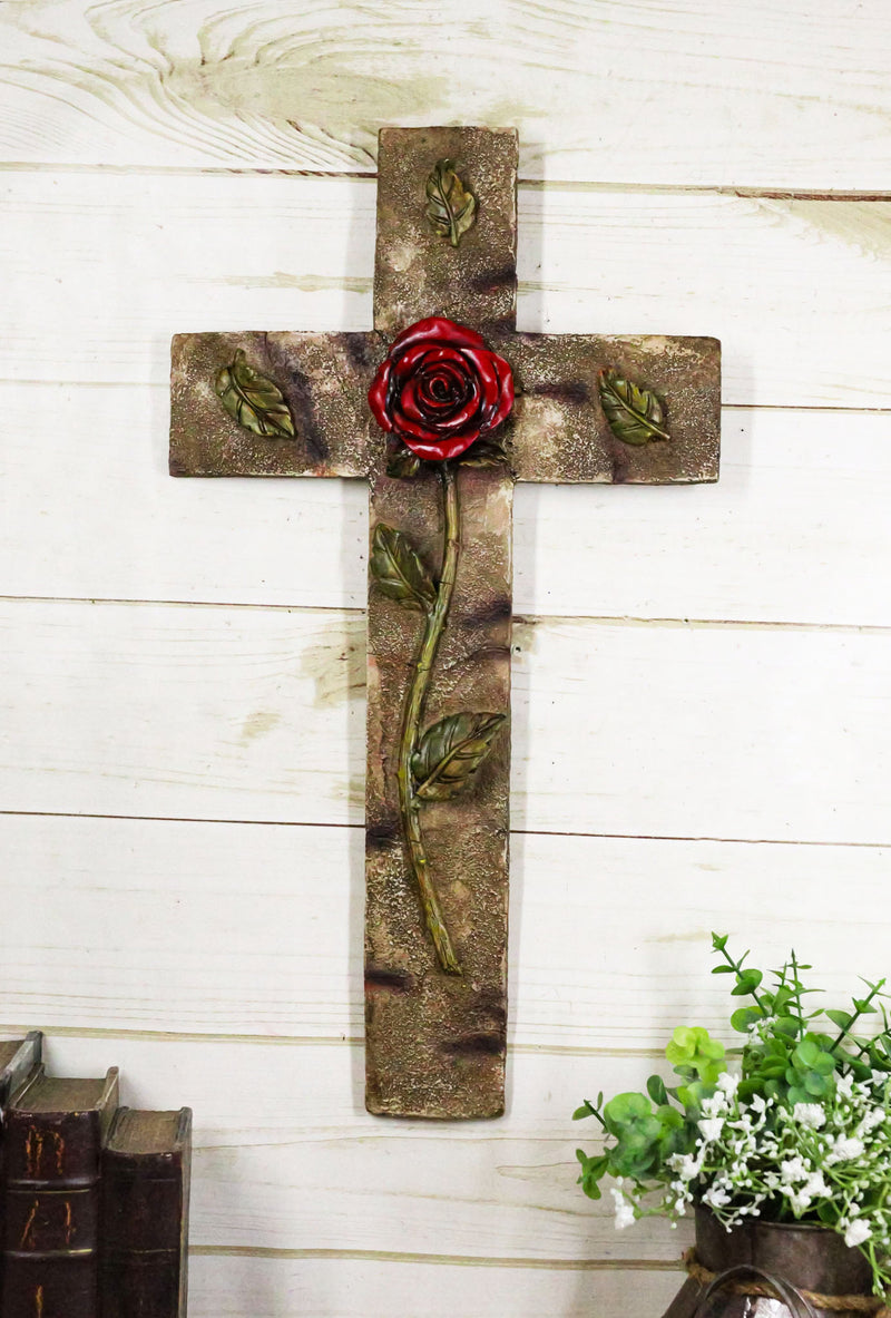 Rustic Western Rose of Sharon Red Rose Stalk With Green Petals Wall Cross Decor