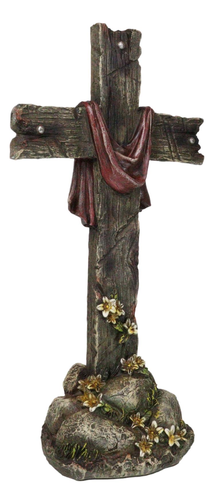 Faux Distressed Wood Scarlet Robe With Rose Of Sharon Standing Cross On Rocks