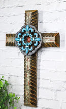 Southwestern Turquoise Fleur De Lis French Lily Faux Wooden Wall Cross Plaque