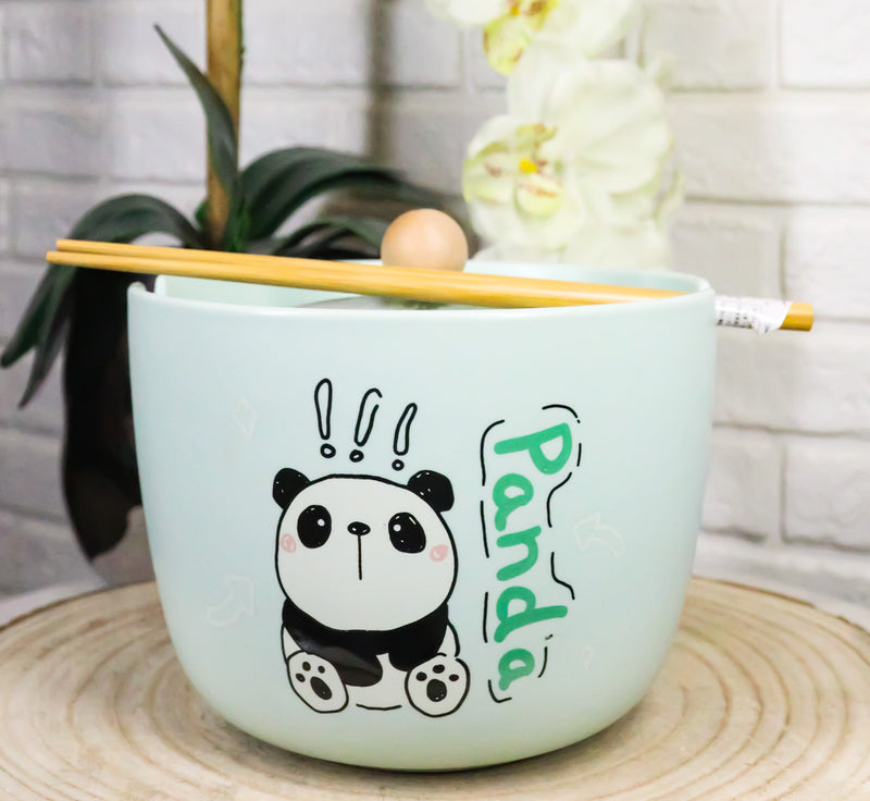 Green Curious Lucky Panda Donburi Ramen Soup Bowl With Chopsticks And Lid