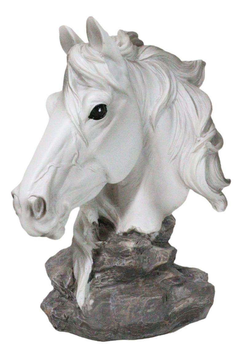 Wild and Free White Stallion Equine Horse Bust On Rocky Pillar Base Figurine