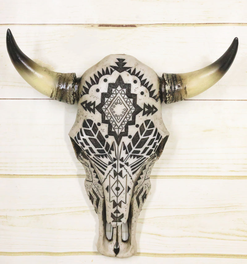 Western Tribal Aztec Vector Tattoo Patterns Horned Cow Skull Wall Decor Plaque