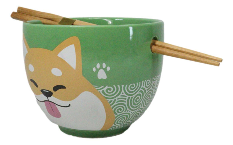 Green Japanese Shiba Inu Dog Ceramic Donburi Ramen Soup Bowl With Chopsticks Set