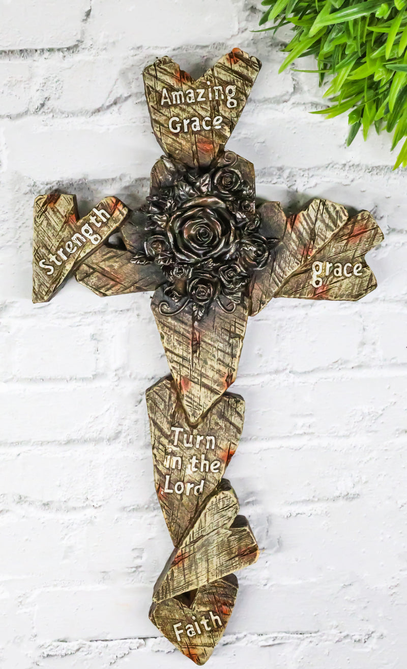 Rustic Amazing Grace Strength Faith Blooming Roses Faux Wood Hearts Wall Cross