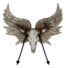 Rustic Western Cow Skull With Horns And Angel Wings Wall Double Hooks Sculpture