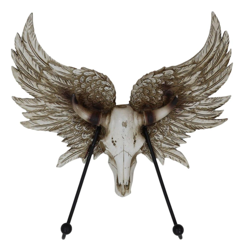 Rustic Western Cow Skull With Horns And Angel Wings Wall Double Hooks Sculpture