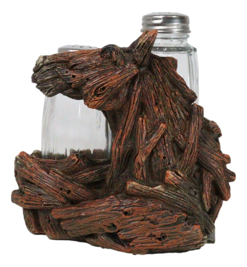 Western Wild And Free Faux Wood Tree Logs Horse Bust Salt Pepper Shakers Holder