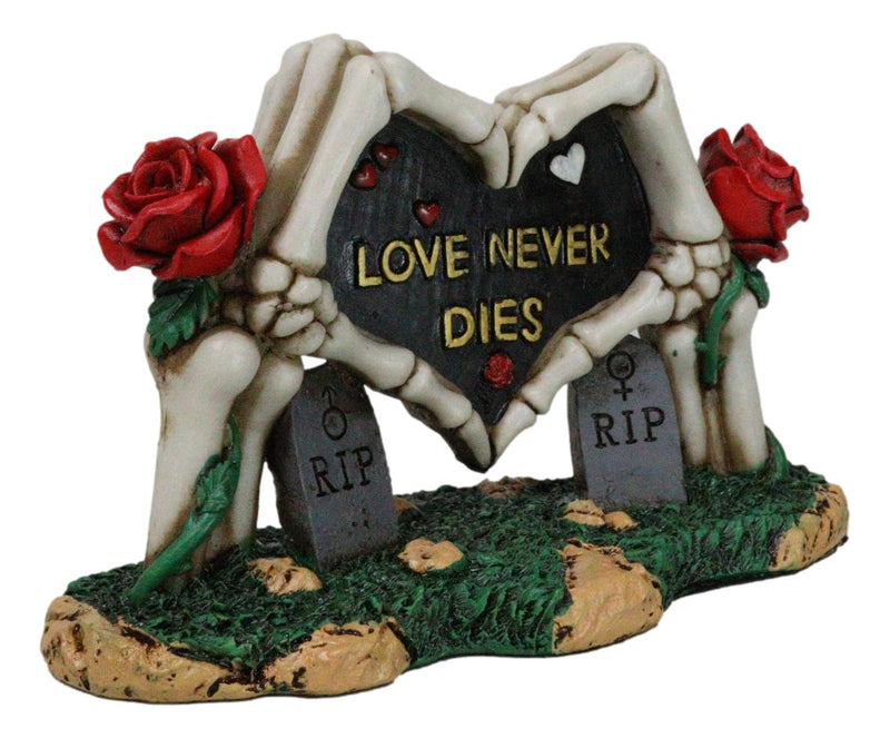 Red Roses Love Never Dies Skeleton Hand Heart Tombstones Cake Topper Figurine