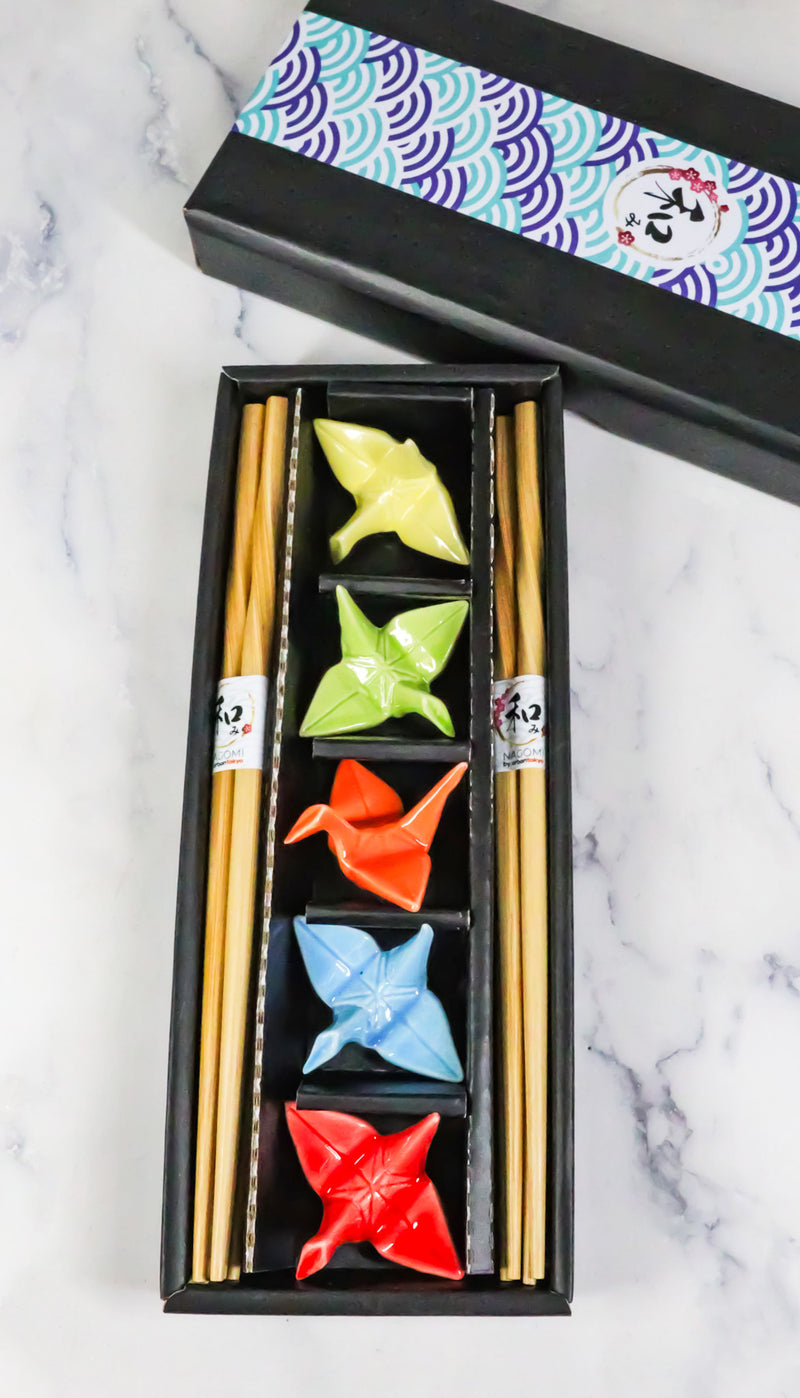 5 Pairs Of Colorful Origami Crane Birds Ceramic Rests With Wooden Chopsticks Set